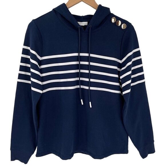 Charter Club Nautical Stripe Hoodie Sweatshirt Button Detail Women Medium Blue - Picture 2 of 7